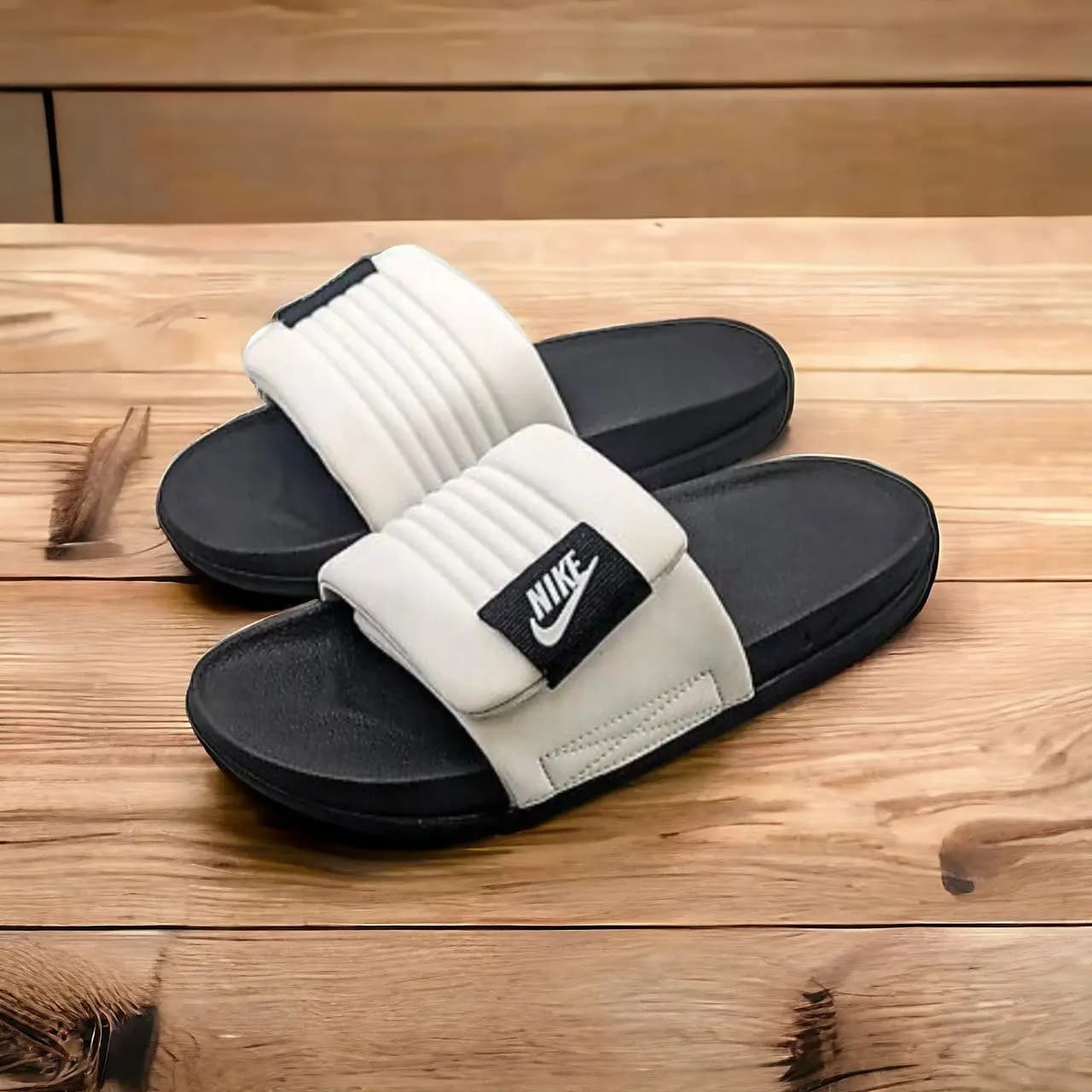 Nike Slides || Color - Black with White Strap with Black logo || Imported